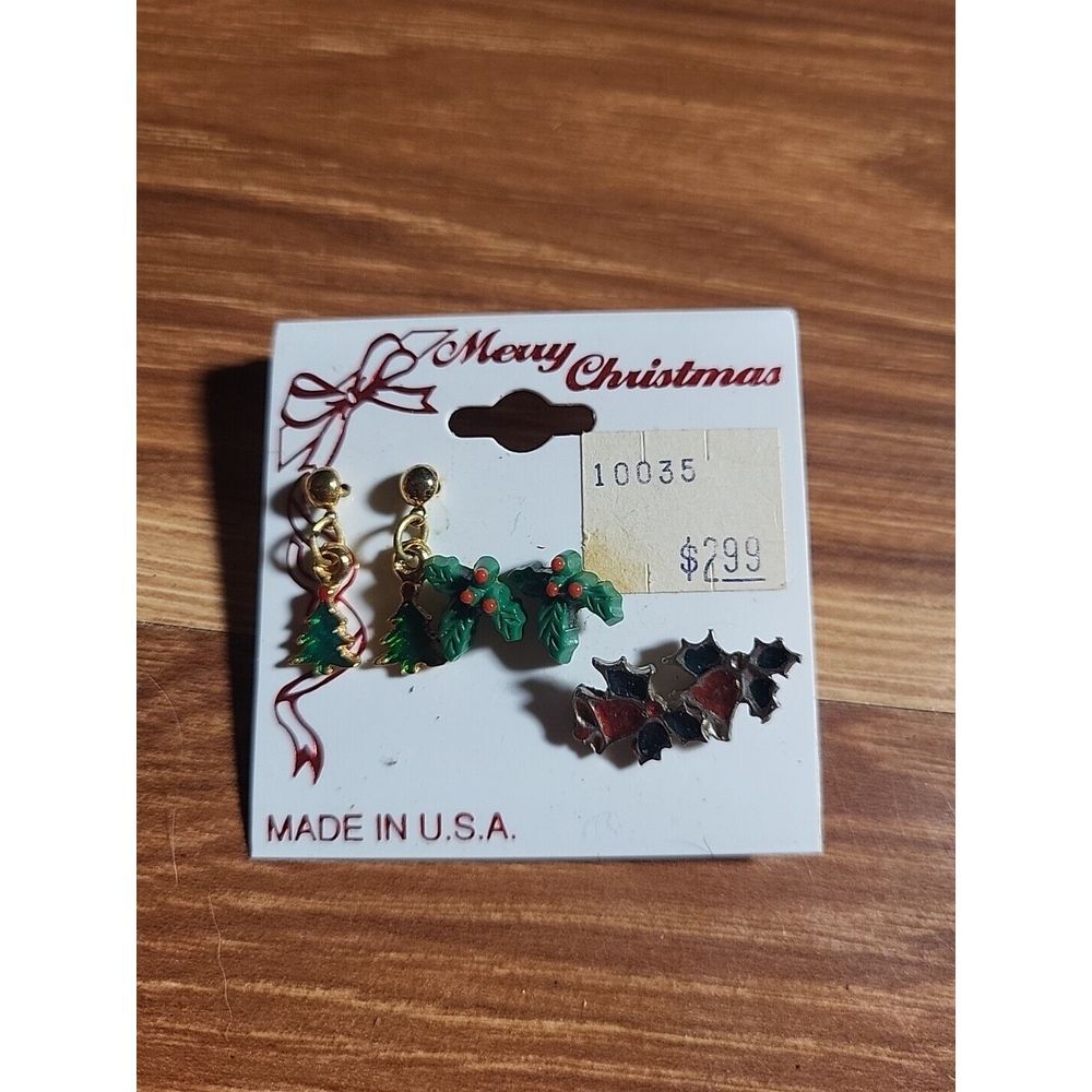 Vintage Christmas Stud Earrings Set Of 3 Merry Holiday Tree Holly Made In U.S.A.